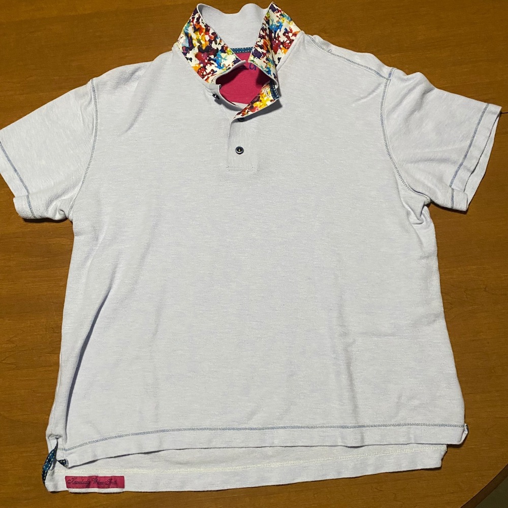 Robert Graham Mens Light Blue Short Sleeve Polo Shirt Floral Trim Classic Fit M